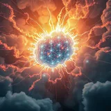 A glowing network of connected points among storm clouds